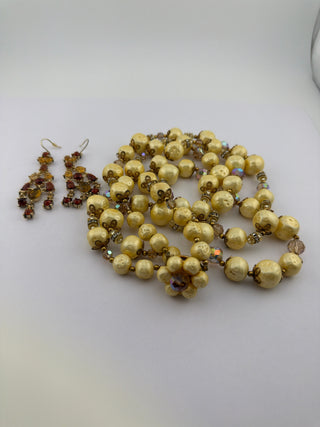 Reserved Grace vintage-inspired necklace and earring set with faux pearls, crystal beads, and amber chandelier drops.