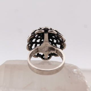 Reserved Grace vintage E. Granit & Co sterling silver dome ring with intricate filigree detail on a crystal base.