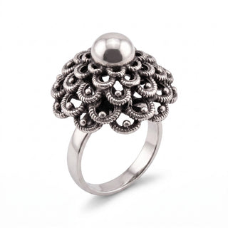Reserved Grace vintage E. Granit & Co sterling silver dome ring with intricate filigree and a central polished bead.