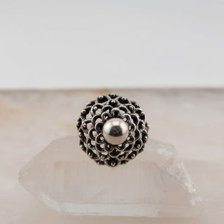 Reserved Grace vintage E. Granit & Co sterling silver dome ring with intricate filigree detail on a crystal base.
