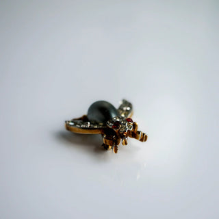 Reserved Grace vintage Trifari insect brooch with a silver-gray cabochon body and sparkling rhinestone accents.
