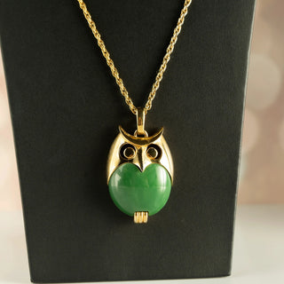 Reserved Grace vintage Crown Trifari gold tone owl pendant necklace with a translucent green lucite jelly belly
