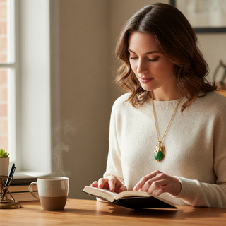 Reserved Grace vintage Crown Trifari gold tone owl pendant necklace with green lucite belly worn by a woman reading.