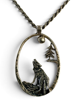 Reserved Grace vintage sterling silver oval pendant featuring a wolf howling at a crescent moon and pine tree