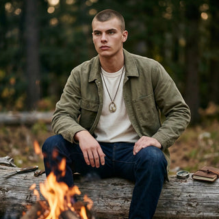 Reserved Grace sterling silver wolf howling at the moon pendant worn by a man sitting on a log by a campfire