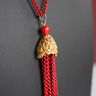 Vintage Red Tassel Necklace – Gold Tone, 24” Chain, Featured in Our Video