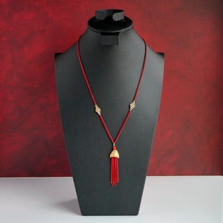 Vintage Red Tassel Necklace – Gold Tone, 24” Chain, Featured in Our Video
