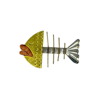 Reserved Grace modernist fishbone brooch in mixed gold and silver metals with a textured yellow gold head and silver tail.