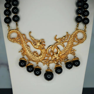 Reserved Grace Large Ornate Goldtone Dragon Necklace with Black Beads and Statement Design - Necklaces