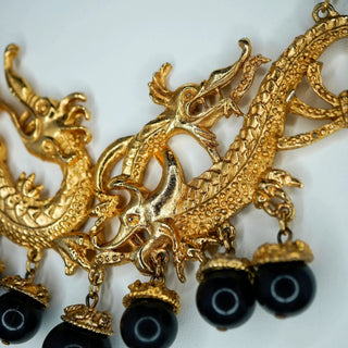 Reserved Grace Large Ornate Goldtone Dragon Necklace with Black Beads and Statement Design - Necklaces