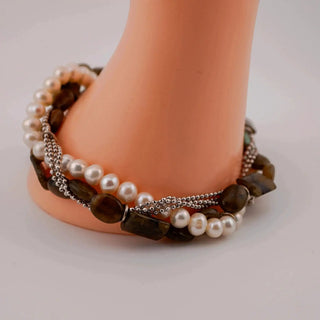 Reserved Grace Vintage Sterling Silver Multi-Strand Bracelet with Labradorite and Freshwater Pearls — 9 Inch - Bracelets Bracelet