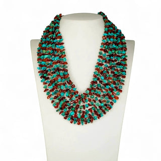 Reserved Grace Vintage 8-Strand Turquoise and Carnelian Chip Necklace with Sterling Silver Toggle Clasp — 18 Inch - Necklaces Pendant