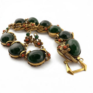 Vintage Selro Style Lux Faux Jade And Coral Glass Jewelry Set