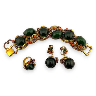 Reserved Grace Vintage Selro Style Lux Faux Jade And Coral Glass Jewelry Set - Jewelry Sets Necklace