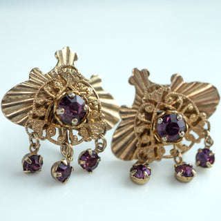 Vintage Art Deco Gold Tone Purple Rhinestone Screw Back Earrings