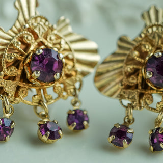 Vintage Art Deco Gold Tone Purple Rhinestone Screw Back Earrings