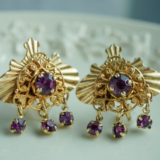 Vintage Art Deco Gold Tone Purple Rhinestone Screw Back Earrings