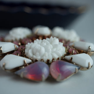 Rare Vintage Hobe Brooch White Carved Flowers with Pink and White Sabrina Stones
