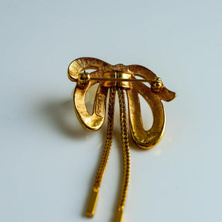 Monet Vintage Gold Tone Dangle Bow Brooch Pin