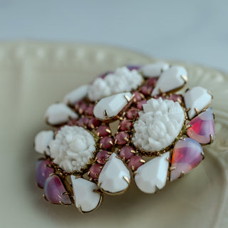 Rare Vintage Hobe Brooch White Carved Flowers with Pink and White Sabrina Stones