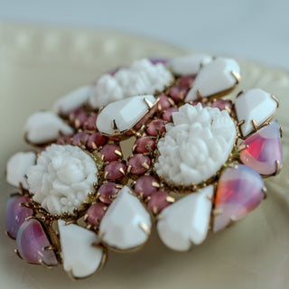 Rare Vintage Hobe Brooch White Carved Flowers with Pink and White Sabrina Stones