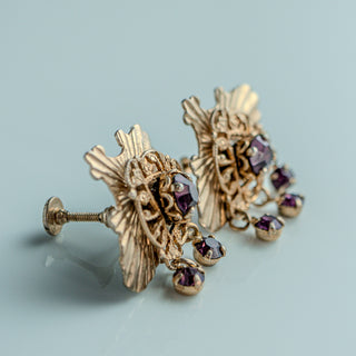 Vintage Art Deco Gold Tone Purple Rhinestone Screw Back Earrings