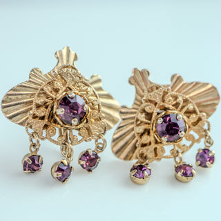 Vintage Art Deco Gold Tone Purple Rhinestone Screw Back Earrings