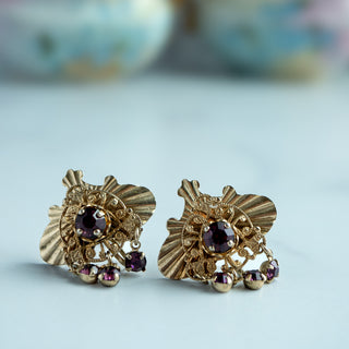 Vintage Art Deco Gold Tone Purple Rhinestone Screw Back Earrings