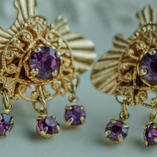 Vintage Art Deco Gold Tone Purple Rhinestone Screw Back Earrings
