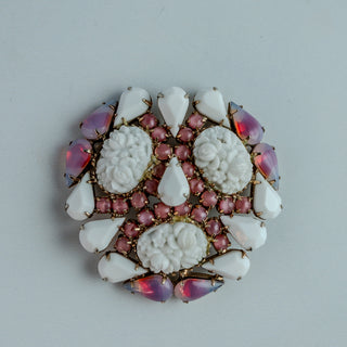 Rare Vintage Hobe Brooch White Carved Flowers with Pink and White Sabrina Stones