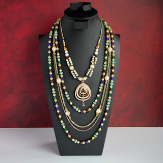 Gold Tone Faux Pearl & Rhinestone Statement Necklace