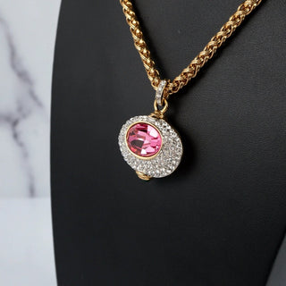 Reserved Grace vintage Nolan Miller reversible pendant necklace featuring a pink crystal and pavé rhinestones on gold chain