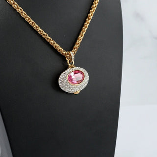 Reserved Grace vintage Nolan Miller reversible pendant necklace featuring a pink oval crystal and pavé rhinestones.