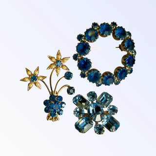 Vintage Mixed Lot Blue Rhinestone Brooches and Pins Collection by Reserved Grace